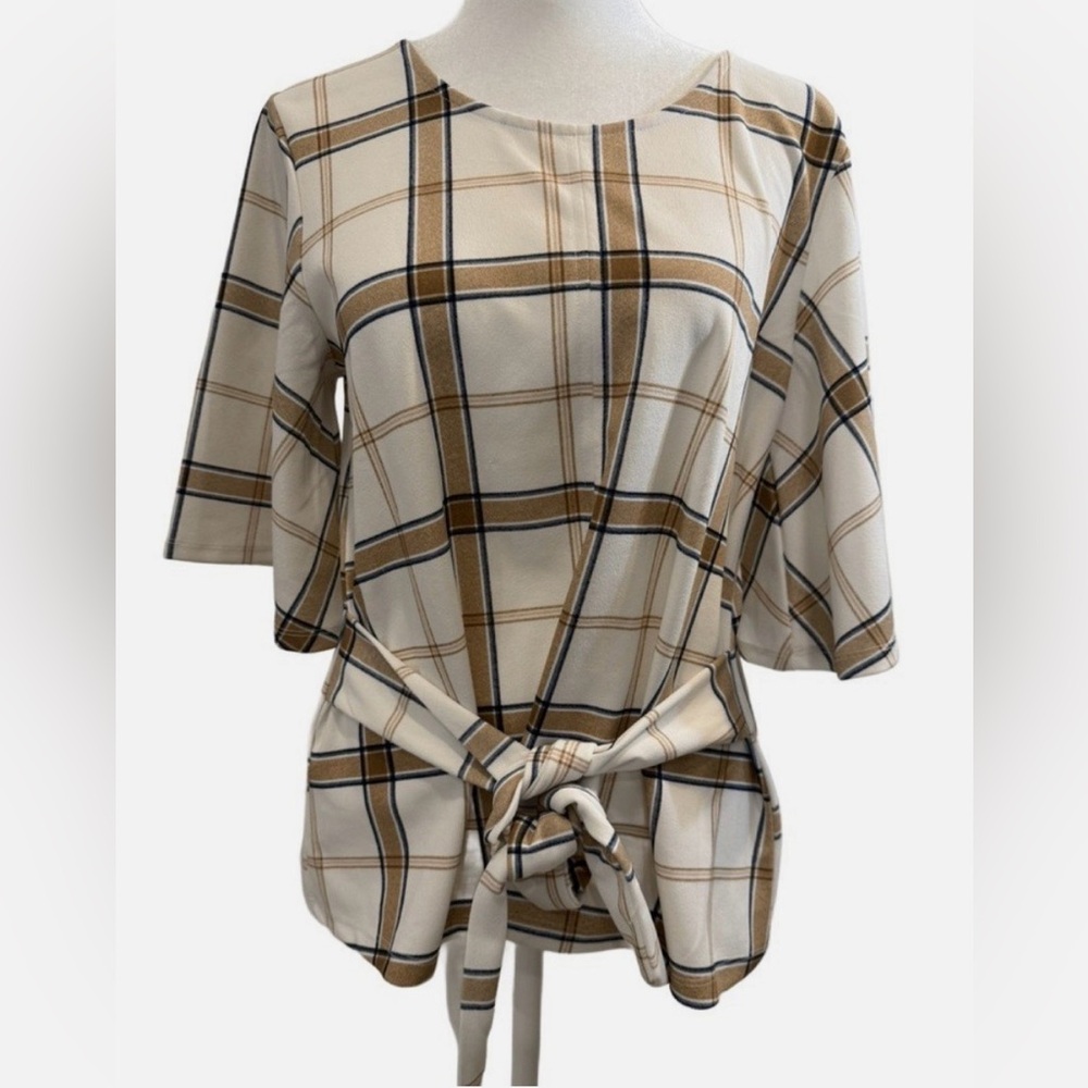 Ann Taylor Factory Plaid Flutter Sleeve Tie (Front or Back Blouse) Size L